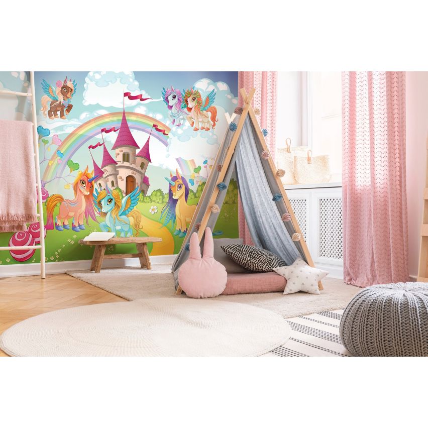 Fototapete EINHORN-(C13882) - Vliestapete-Unicorn Pferd Kind Kids Farben XXL