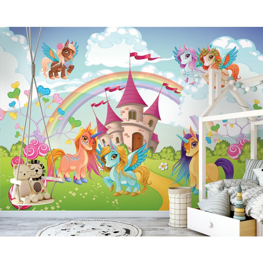 Fototapete EINHORN-(C13882) - Vliestapete-Unicorn Pferd Kind Kids Farben XXL