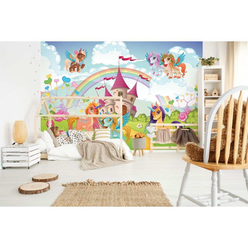 Fototapete EINHORN-(C13882) - Vliestapete-Unicorn Pferd Kind Kids Farben XXL