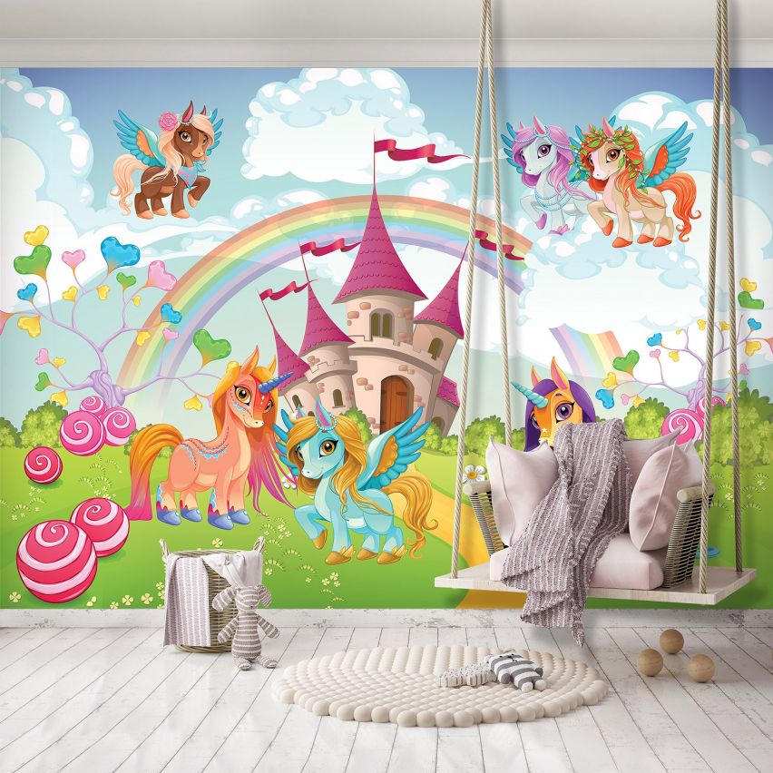 Fototapete EINHORN-(C13882) - Vliestapete-Unicorn Pferd Kind Kids Farben XXL
