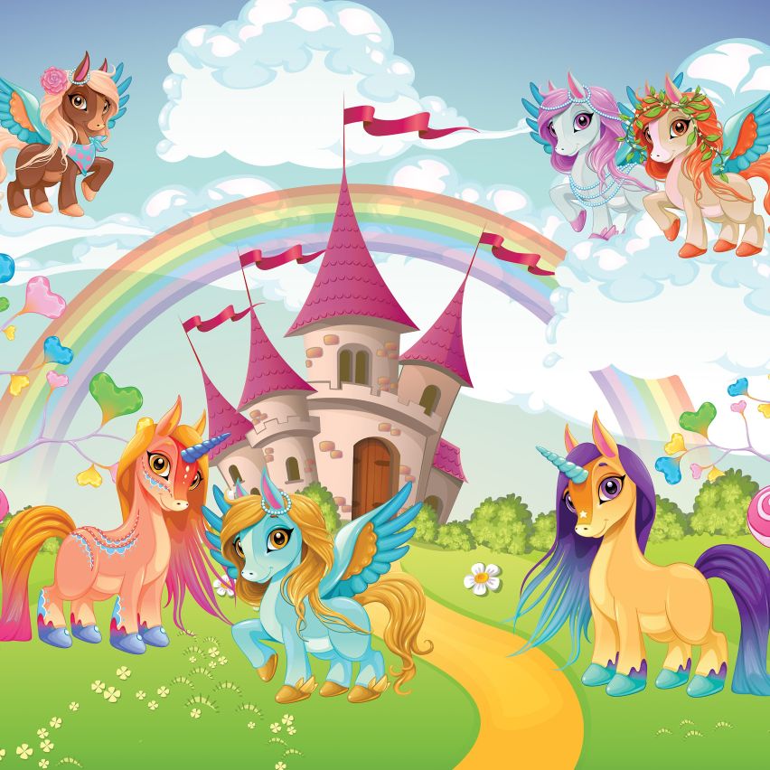 Fototapete EINHORN-(C13882) - Vliestapete-Unicorn Pferd Kind Kids Farben XXL
