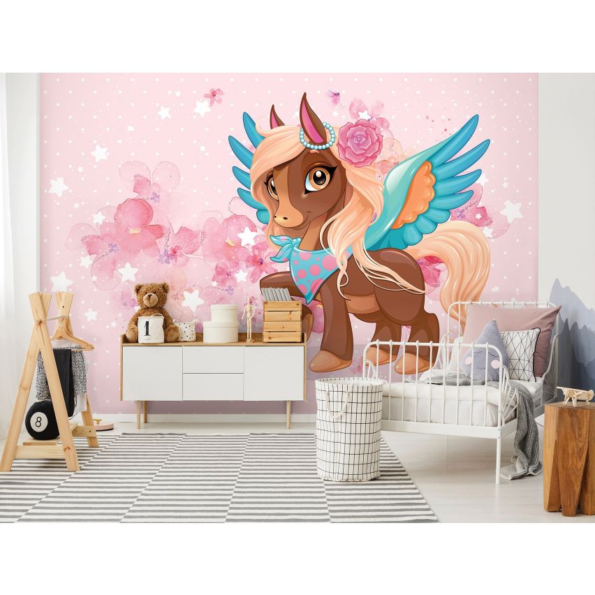 Fototapete EINHORN-(C13883) - Vliestapete-Unicorn Pferd Kind Kids Farben XXL