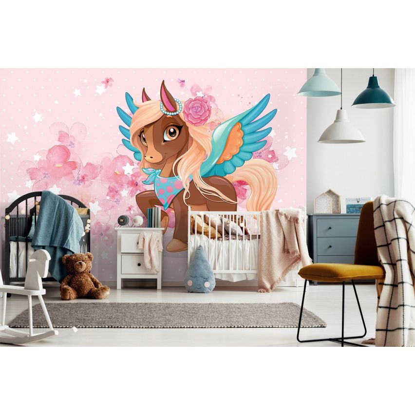 Fototapete EINHORN-(C13883) - Vliestapete-Unicorn Pferd Kind Kids Farben XXL