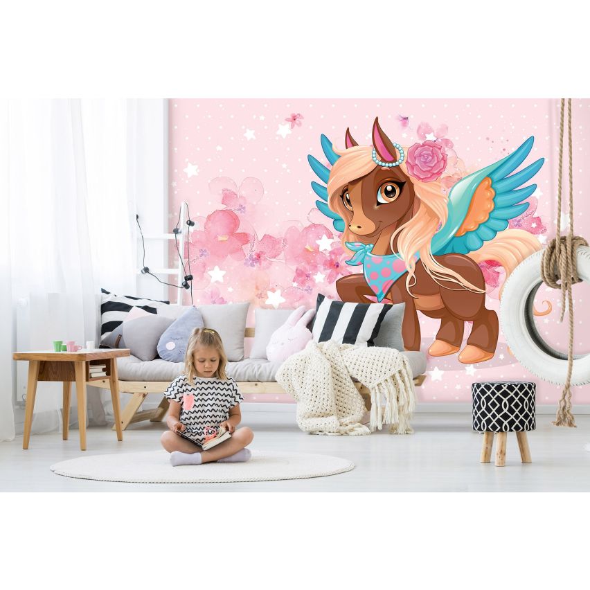 Fototapete EINHORN-(C13883) - Vliestapete-Unicorn Pferd Kind Kids Farben XXL