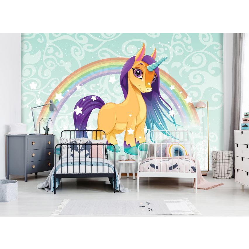 Fototapete EINHORN-(C13884) - Vliestapete-Unicorn Pferd Kind Kids Farben XXL