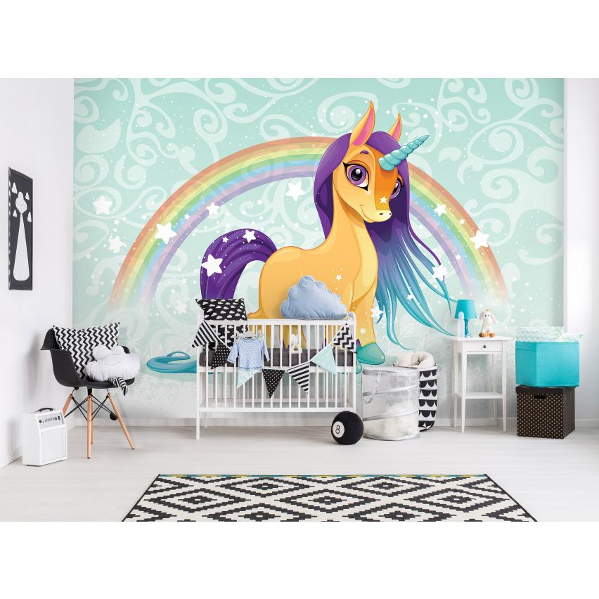 Fototapete EINHORN-(C13884) - Vliestapete-Unicorn Pferd Kind Kids Farben XXL