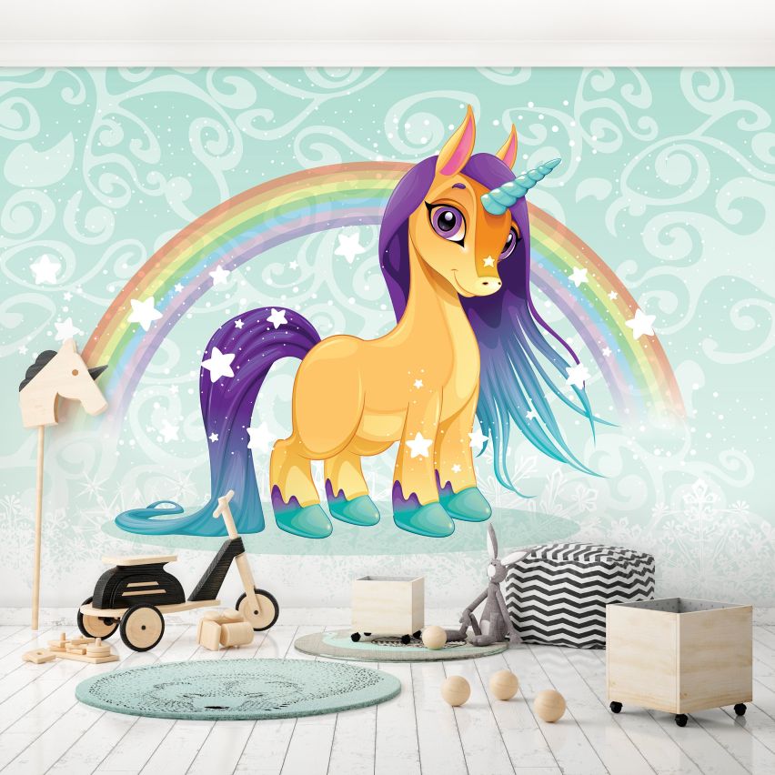 Fototapete EINHORN-(C13884) - Vliestapete-Unicorn Pferd Kind Kids Farben XXL