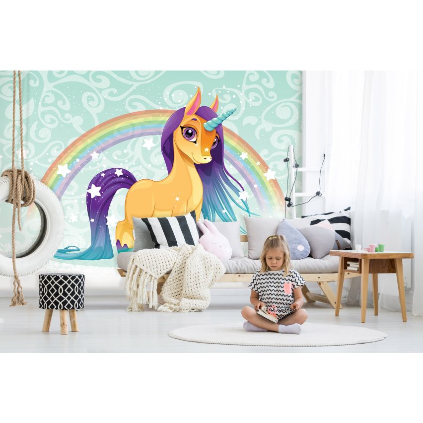 Fototapete EINHORN-(C13884) - Vliestapete-Unicorn Pferd Kind Kids Farben XXL