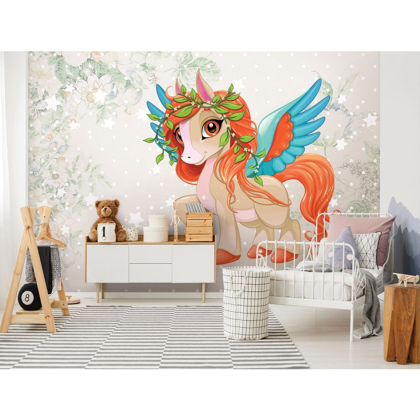 Fototapete EINHORN-(C13885) - Vliestapete-Unicorn Pferd Kind Kids Farben XXL
