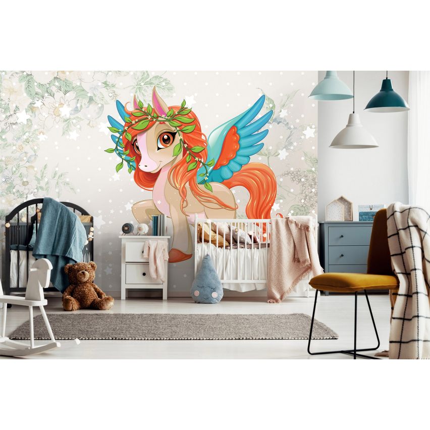 Fototapete EINHORN-(C13885) - Vliestapete-Unicorn Pferd Kind Kids Farben XXL