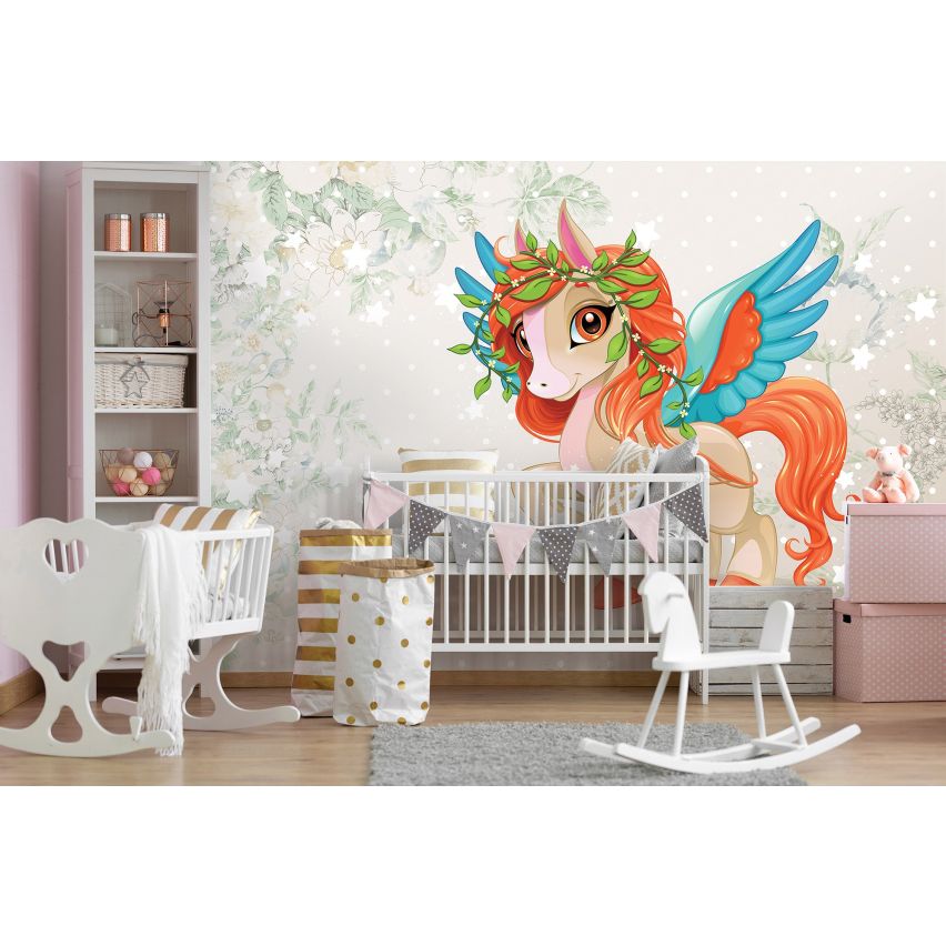 Fototapete EINHORN-(C13885) - Vliestapete-Unicorn Pferd Kind Kids Farben XXL