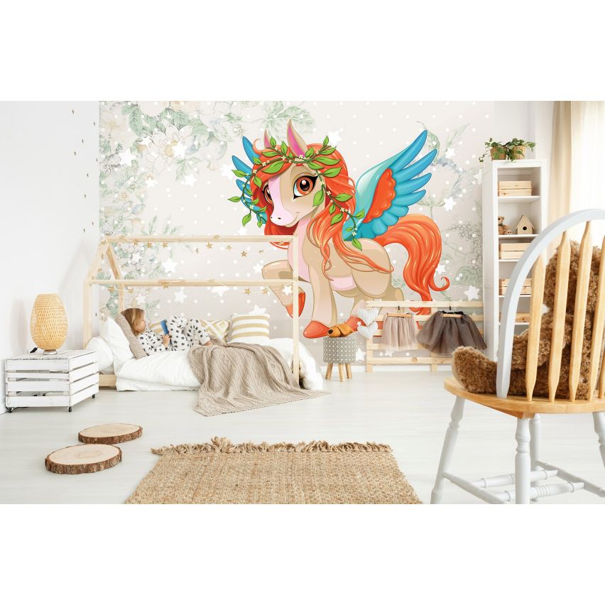 Fototapete EINHORN-(C13885) - Vliestapete-Unicorn Pferd Kind Kids Farben XXL