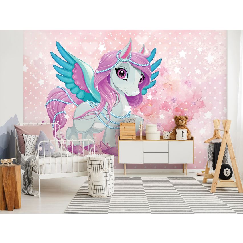 Fototapete EINHORN-(C13886) - Vliestapete-Unicorn Pferd Kind Kids Farben XXL
