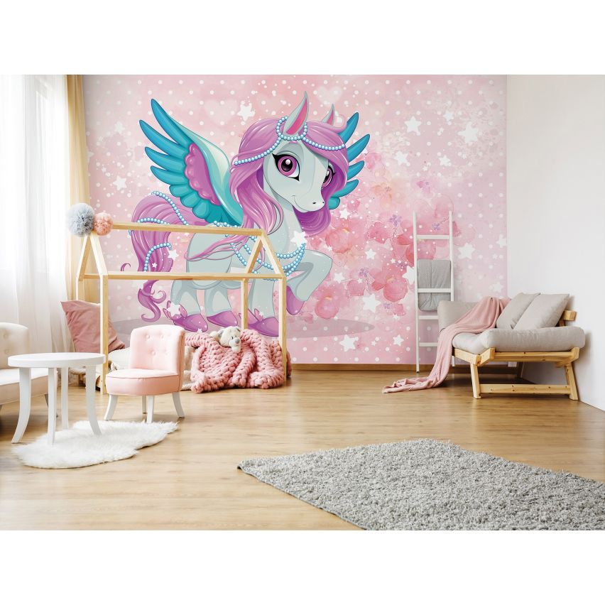 Fototapete EINHORN-(C13886) - Vliestapete-Unicorn Pferd Kind Kids Farben XXL