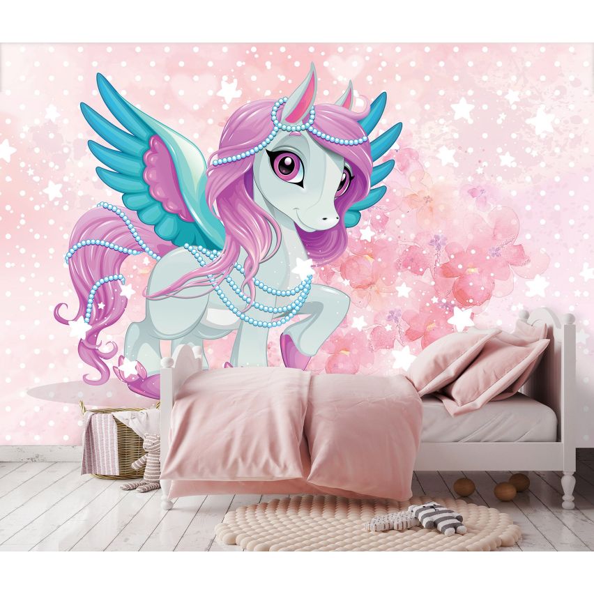 Fototapete EINHORN-(C13886) - Vliestapete-Unicorn Pferd Kind Kids Farben XXL