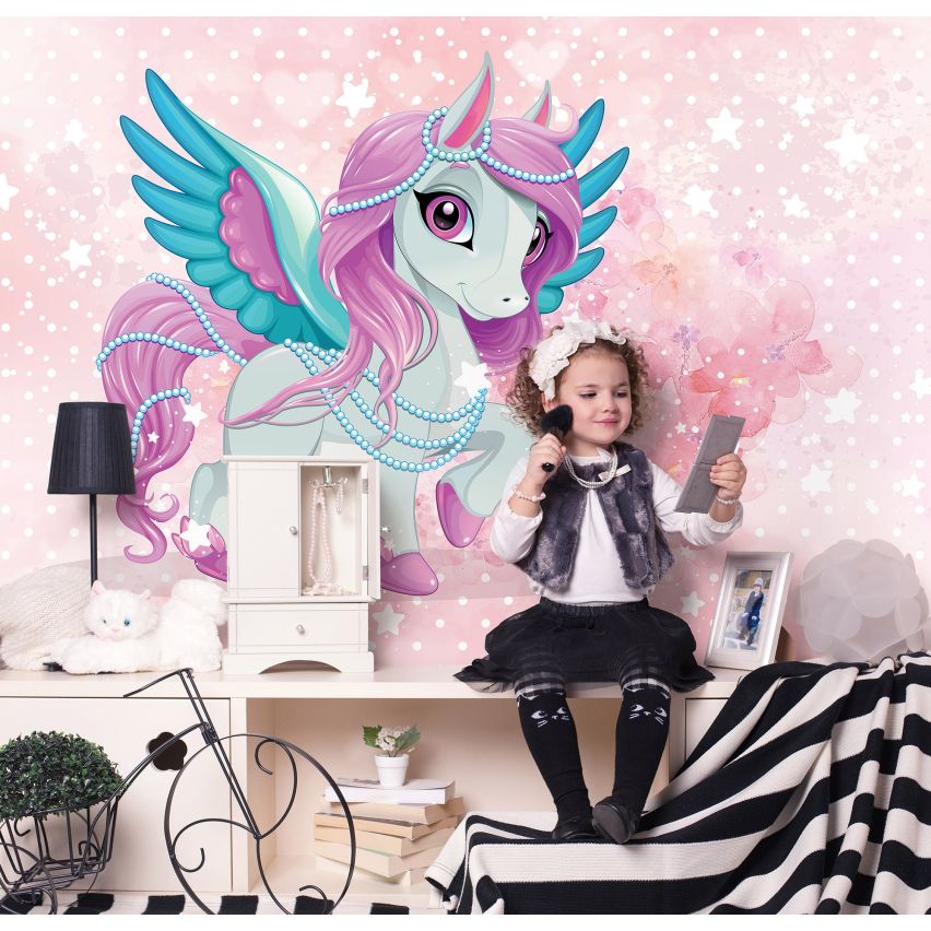 Fototapete EINHORN-(C13886) - Vliestapete-Unicorn Pferd Kind Kids Farben XXL