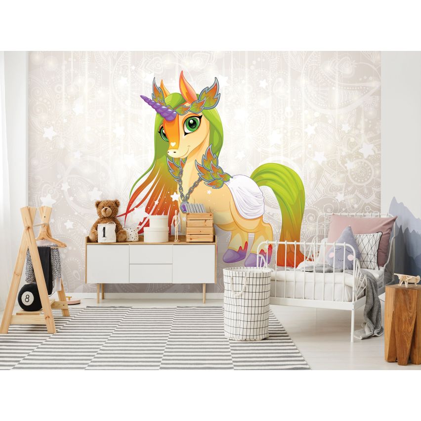Fototapete EINHORN-(C13887) - Vliestapete-Unicorn Pferd Kind Kids Farben XXL