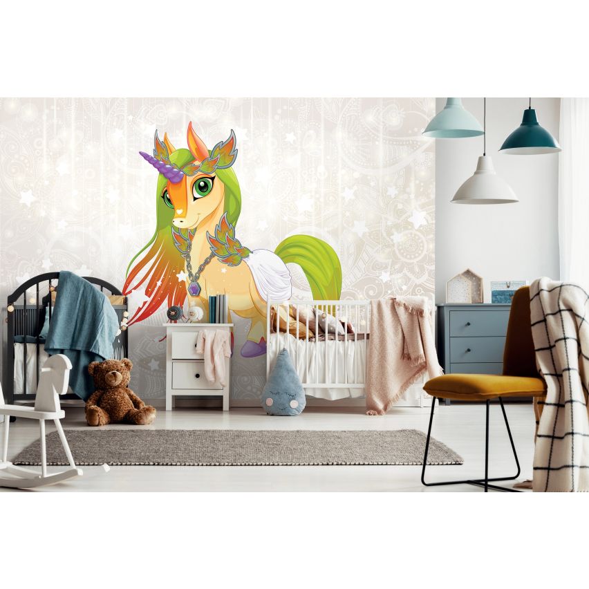 Fototapete EINHORN-(C13887) - Vliestapete-Unicorn Pferd Kind Kids Farben XXL