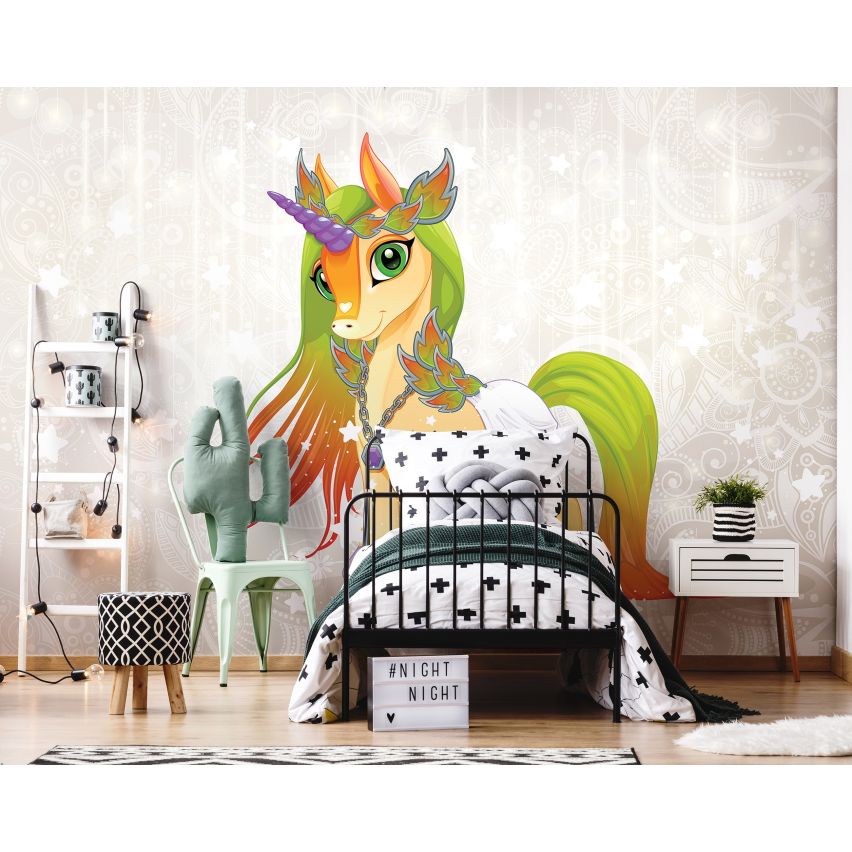 Fototapete EINHORN-(C13887) - Vliestapete-Unicorn Pferd Kind Kids Farben XXL