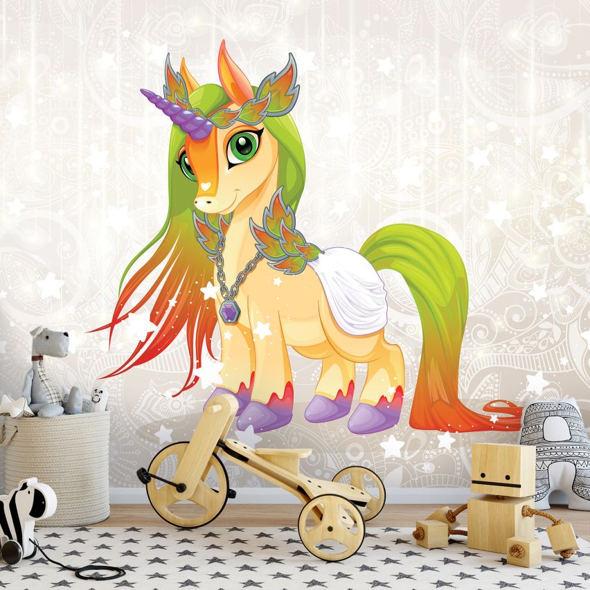 Fototapete EINHORN-(C13887) - Vliestapete-Unicorn Pferd Kind Kids Farben XXL