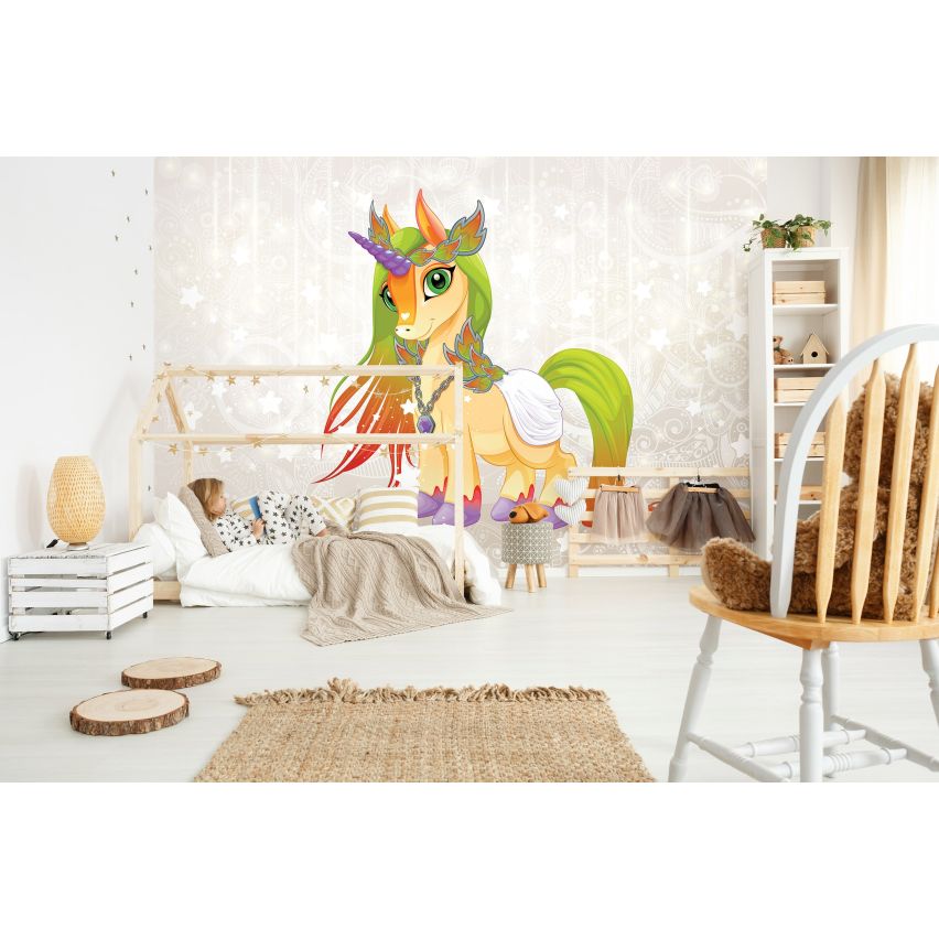 Fototapete EINHORN-(C13887) - Vliestapete-Unicorn Pferd Kind Kids Farben XXL