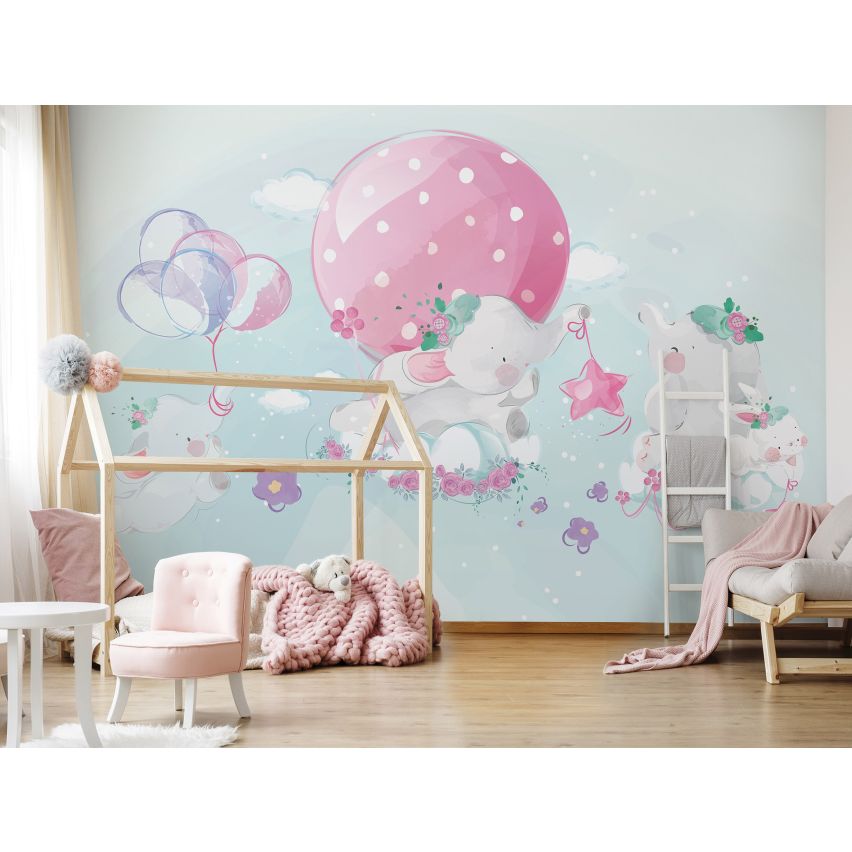 Fototapete-VLIES-ELEFANTEN UND LUFTBALLON-(C14072)-Tapete-Nach-Mass-Tiere Kaninchen Wand Kinder-Spielzimmer XXL