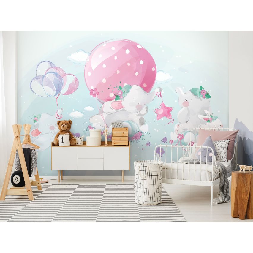Fototapete-VLIES-ELEFANTEN UND LUFTBALLON-(C14072)-Tapete-Nach-Mass-Tiere Kaninchen Wand Kinder-Spielzimmer XXL