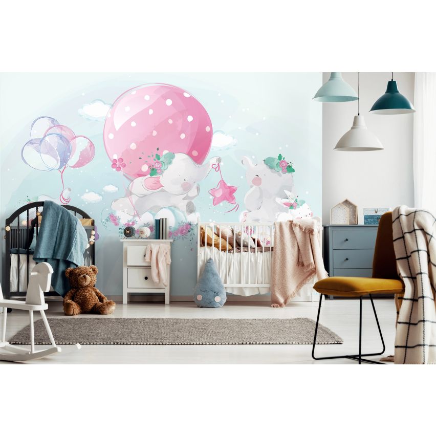 Fototapete-VLIES-ELEFANTEN UND LUFTBALLON-(C14072)-Tapete-Nach-Mass-Tiere Kaninchen Wand Kinder-Spielzimmer XXL
