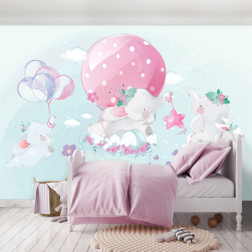 Fototapete-VLIES-ELEFANTEN UND LUFTBALLON-(C14072)-Tapete-Nach-Mass-Tiere Kaninchen Wand Kinder-Spielzimmer XXL