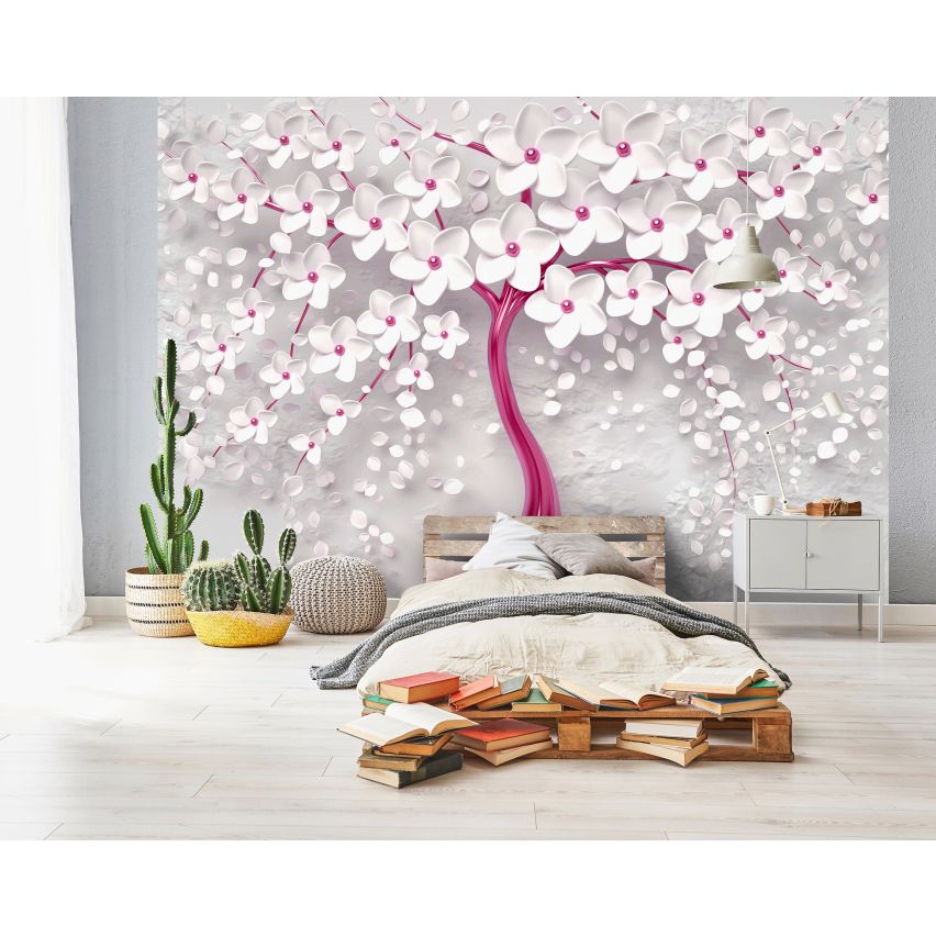 Fototapete BAUM BLUMEN-(C14233) - Vliestapete - Pflanzen Botanik Tropischer Blätter Rosa XXL