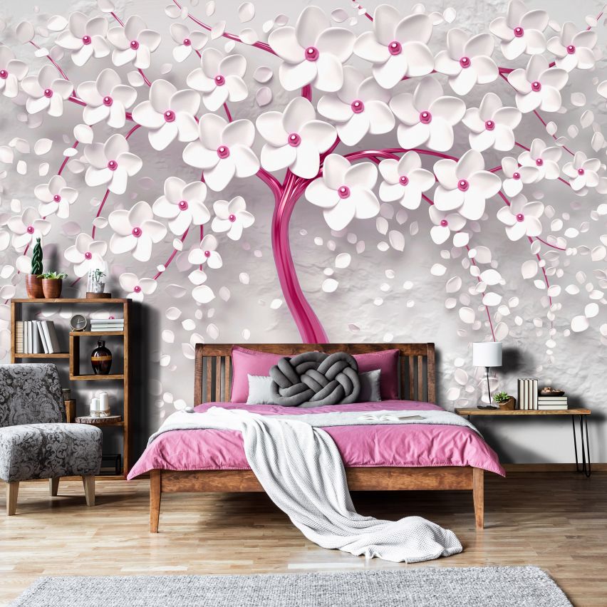 Fototapete BAUM BLUMEN-(C14233) - Vliestapete - Pflanzen Botanik Tropischer Blätter Rosa XXL