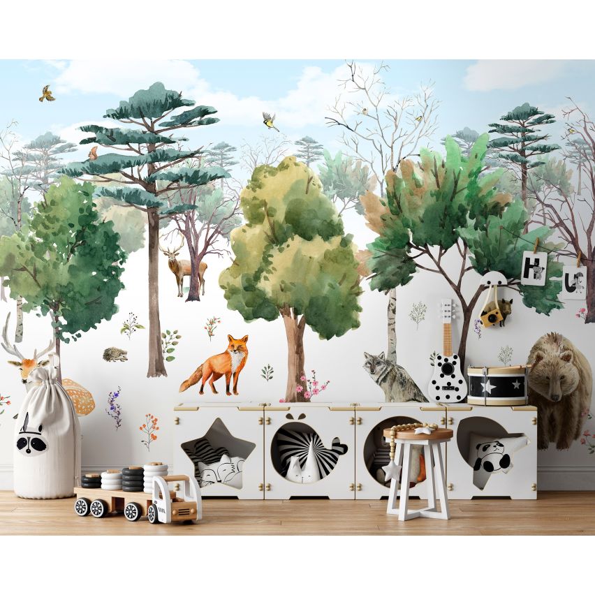 Fototapete-VLIES-TIERE AUS DEM WALD-(C14411)-Tapete-Nach-Mass-Waldfläche Tiere Hase Karnickel Wand Kinder-Spielzimmer XXL