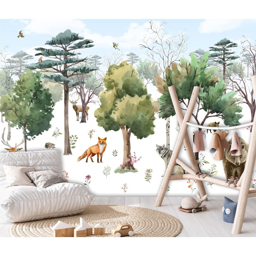 Fototapete-VLIES-TIERE AUS DEM WALD-(C14411)-Tapete-Nach-Mass-Waldfläche Tiere Hase Karnickel Wand Kinder-Spielzimmer XXL