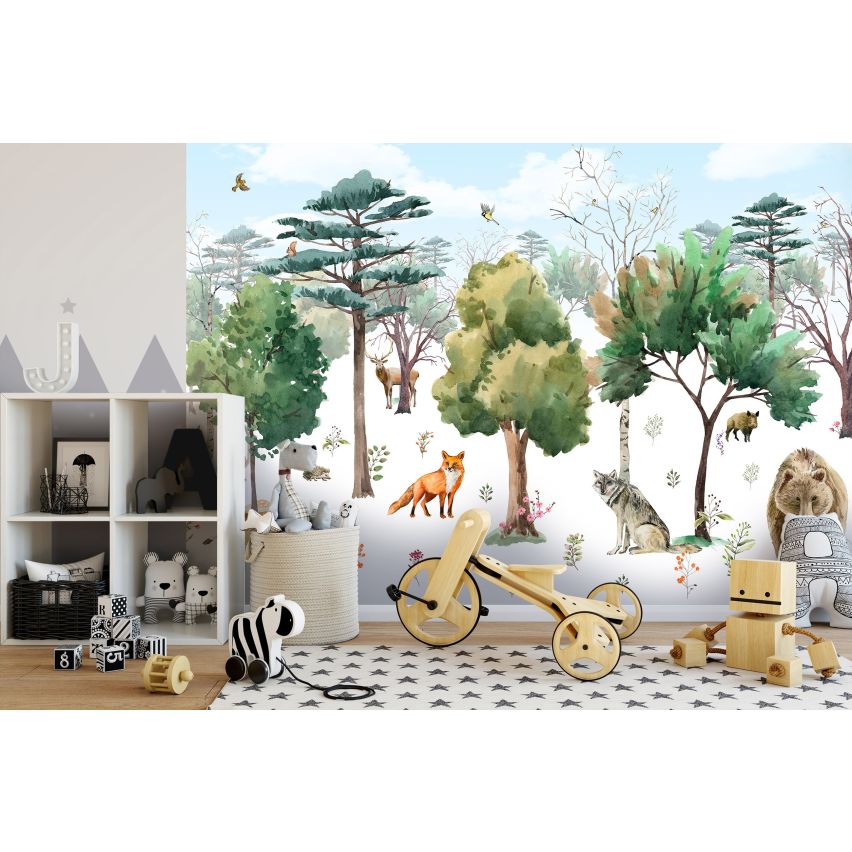 Fototapete-VLIES-TIERE AUS DEM WALD-(C14411)-Tapete-Nach-Mass-Waldfläche Tiere Hase Karnickel Wand Kinder-Spielzimmer XXL