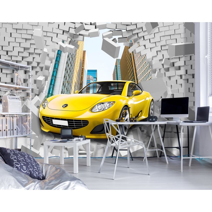 Fototapete-VLIES-GELB SPORT WAGEN-(C14436)-Tapete-Nach-Mass-Auto Wand Kinder-Spielzimmer XXL