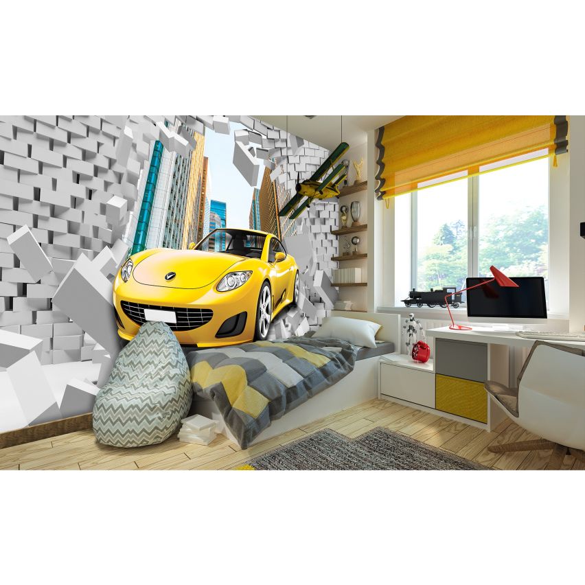 Fototapete-VLIES-GELB SPORT WAGEN-(C14436)-Tapete-Nach-Mass-Auto Wand Kinder-Spielzimmer XXL
