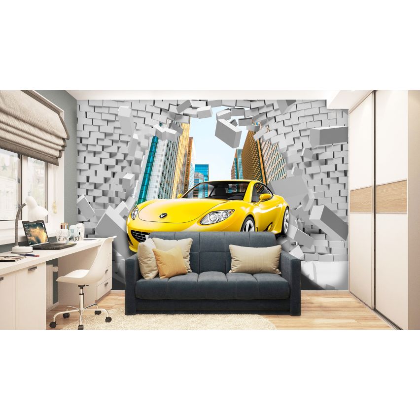 Fototapete-VLIES-GELB SPORT WAGEN-(C14436)-Tapete-Nach-Mass-Auto Wand Kinder-Spielzimmer XXL