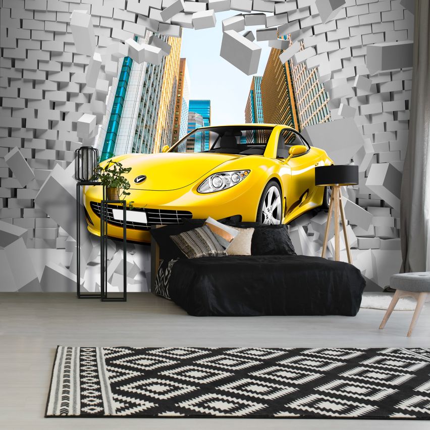Fototapete-VLIES-GELB SPORT WAGEN-(C14436)-Tapete-Nach-Mass-Auto Wand Kinder-Spielzimmer XXL