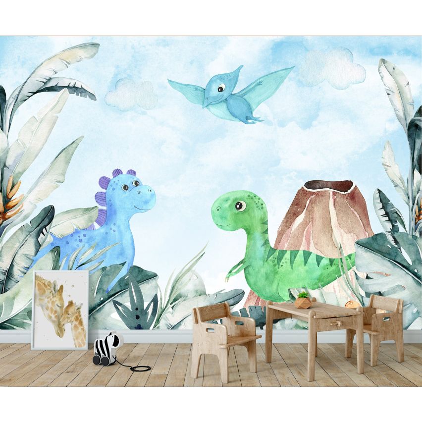 Fototapete-VLIES-DINOSAURIER-(C14678)-Tapete-Nach-Mass-Tier Freunde Kinder-Spielzimmer XXL