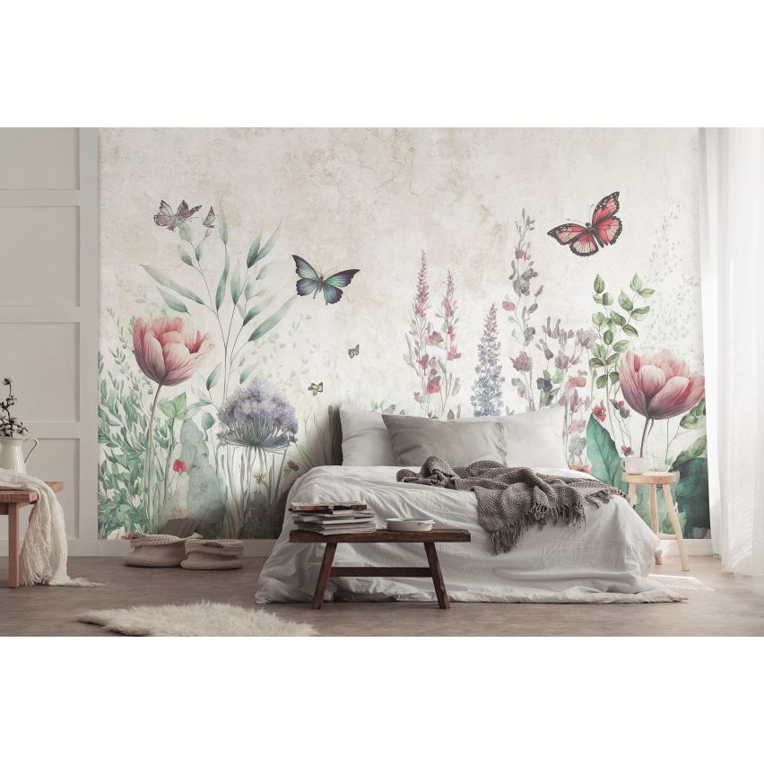 Fototapete-VLIES-BLUMENFELD SCHMETTERLING-(C14680)-Tapete-Nach-Mass-Kinder Spielzimmer Blume XXL