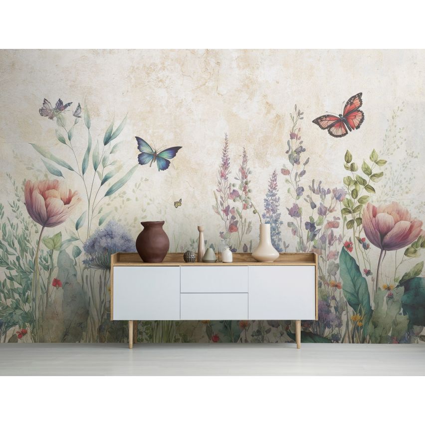 Fototapete-VLIES-BLUMENFELD SCHMETTERLING-(C14680)-Tapete-Nach-Mass-Kinder Spielzimmer Blume XXL