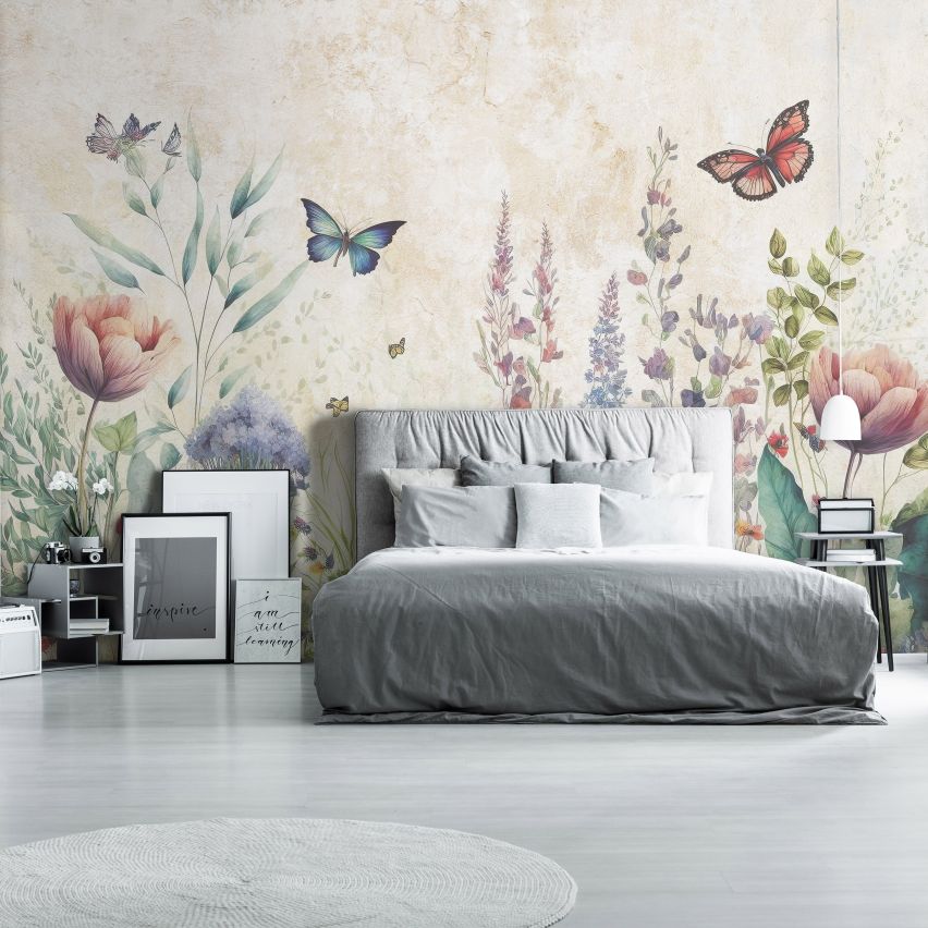 Fototapete-VLIES-BLUMENFELD SCHMETTERLING-(C14680)-Tapete-Nach-Mass-Kinder Spielzimmer Blume XXL