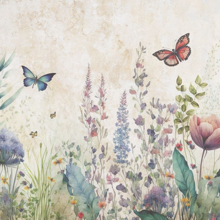 Fototapete-VLIES-BLUMENFELD SCHMETTERLING-(C14680)-Tapete-Nach-Mass-Kinder Spielzimmer Blume XXL