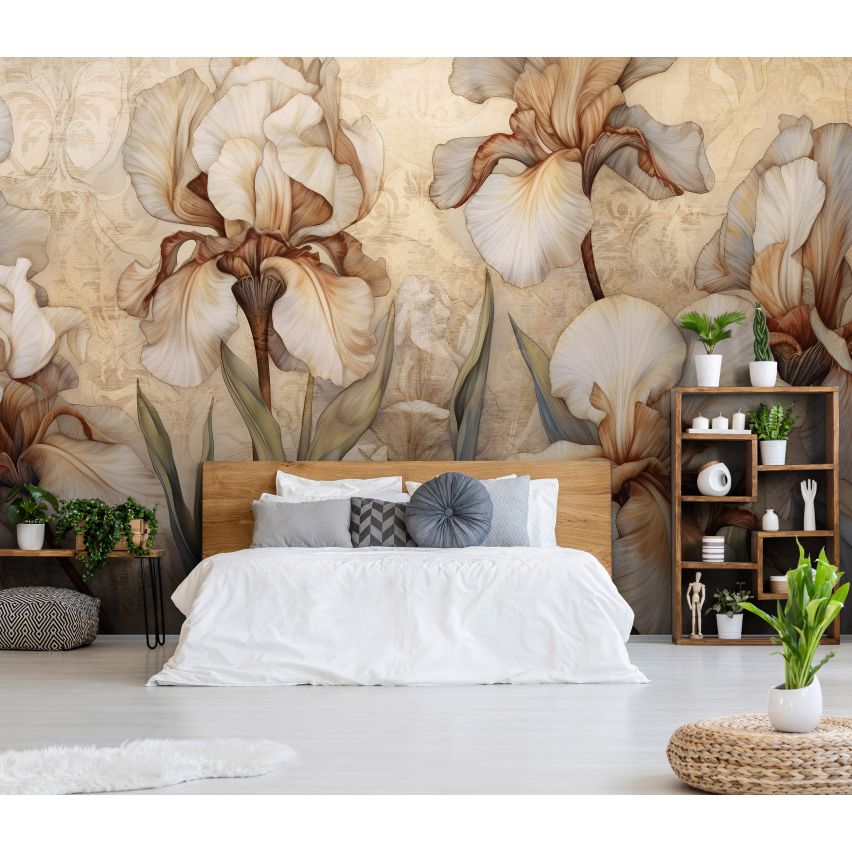 Fototapete BLUMEN-(C14727) - Vliestapete-Beige Weiß Blume Blätter XXL