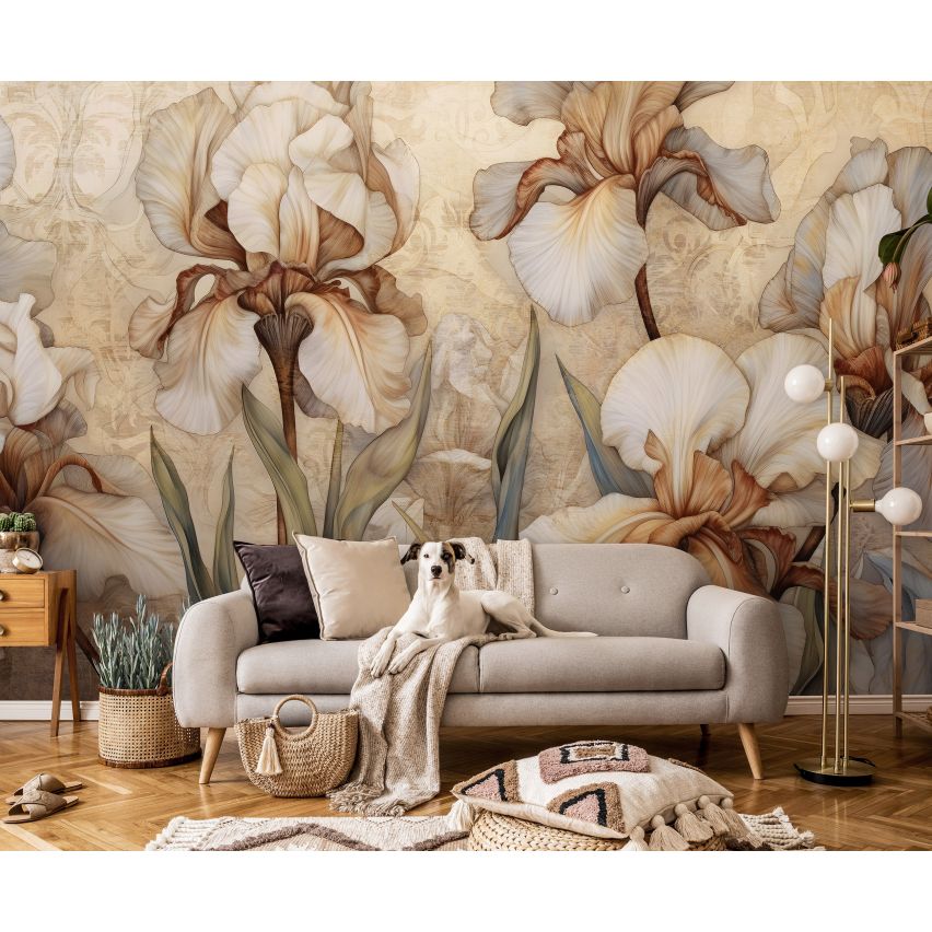 Fototapete BLUMEN-(C14727) - Vliestapete-Beige Weiß Blume Blätter XXL