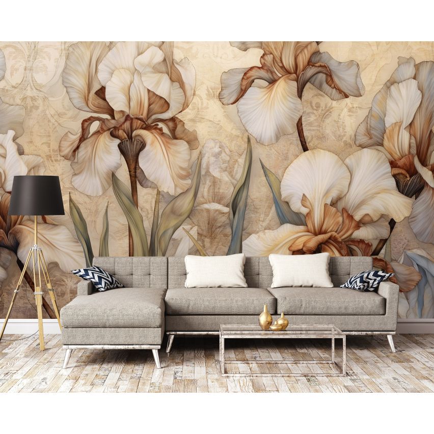 Fototapete BLUMEN-(C14727) - Vliestapete-Beige Weiß Blume Blätter XXL