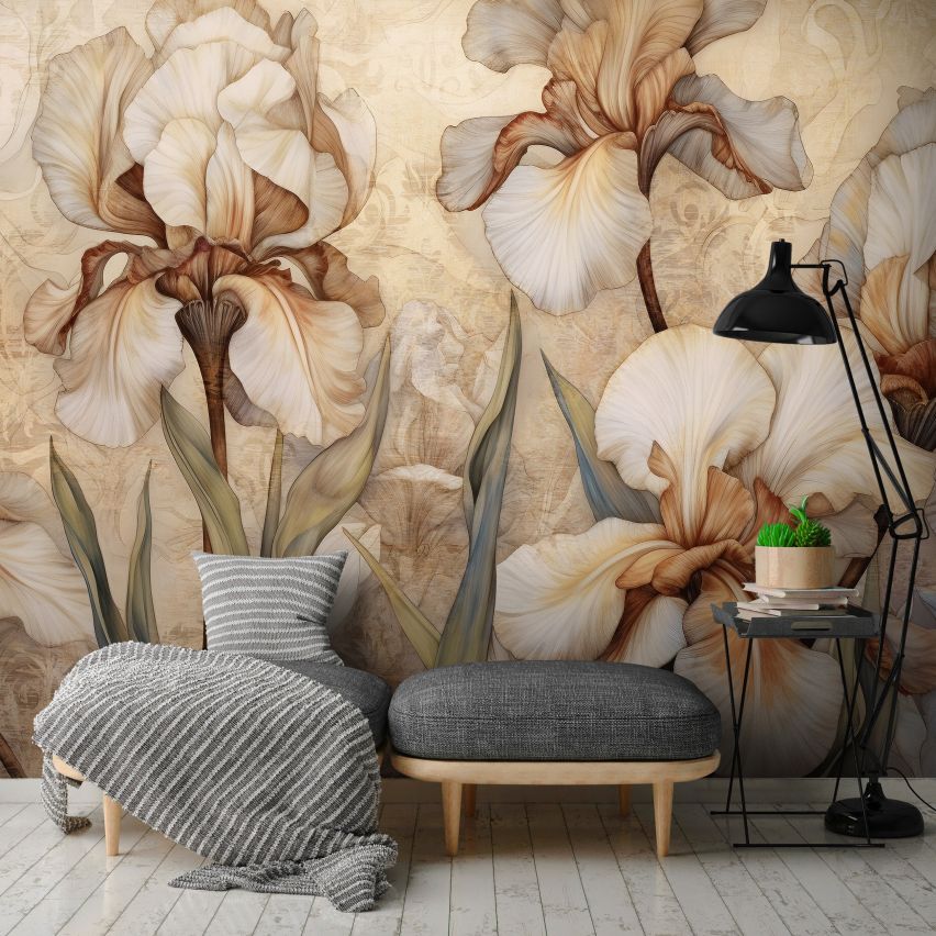 Fototapete BLUMEN-(C14727) - Vliestapete-Beige Weiß Blume Blätter XXL