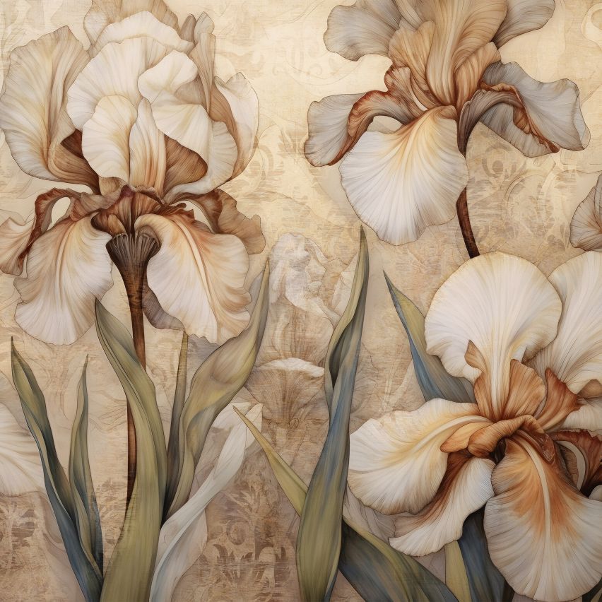 Fototapete BLUMEN-(C14727) - Vliestapete-Beige Weiß Blume Blätter XXL