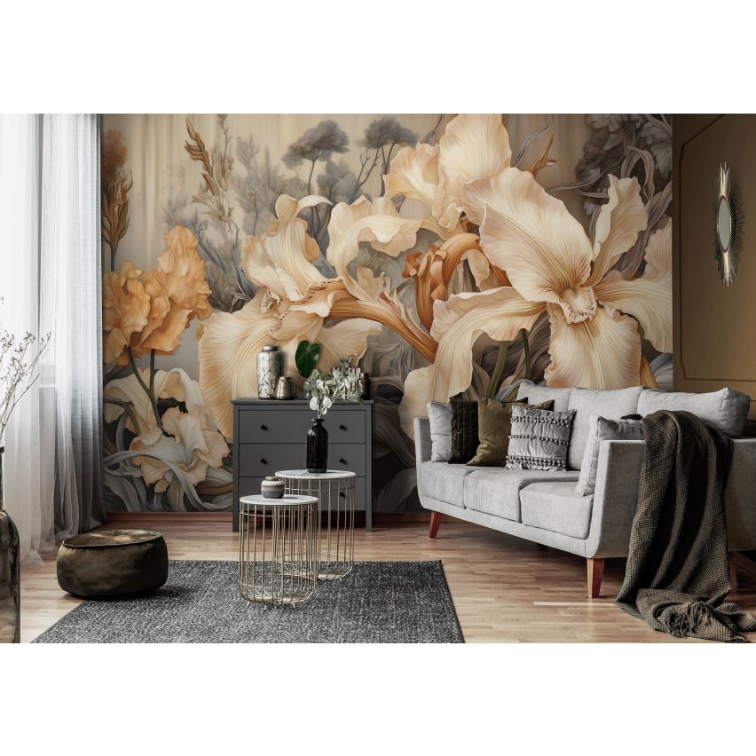 Fototapete BLUMEN-(C14728) - Vliestapete-Beige Grau Blume Blätter XXL