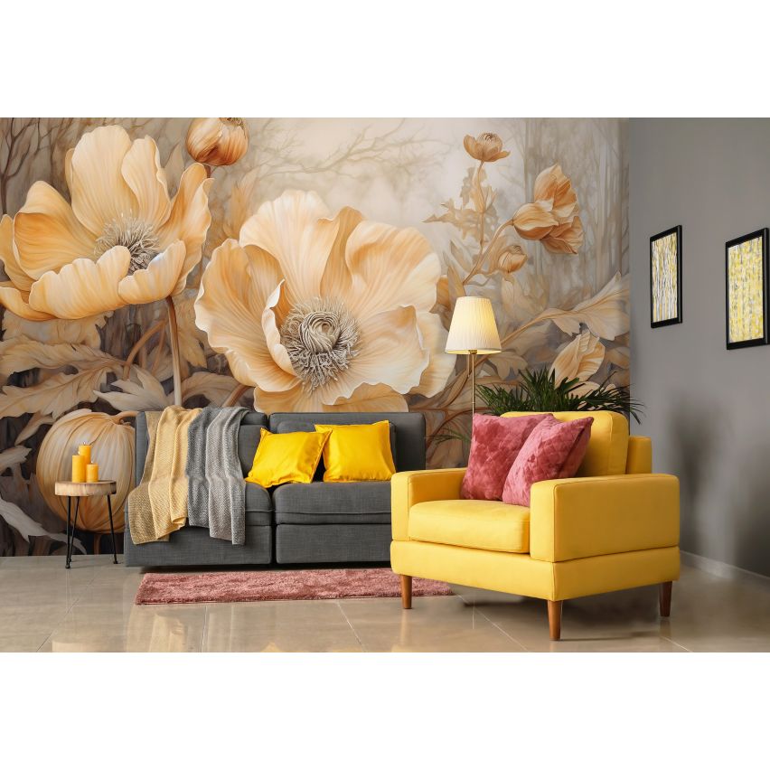 Fototapete BLUMEN-(C14730) - Vliestapete-Beige Blume Blätter XXL